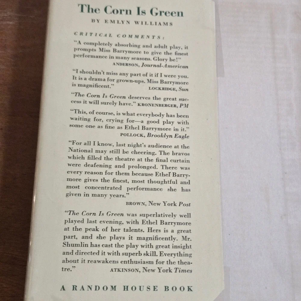 Random House The Corn Is Green Play Emlyn Williams First Printing Hardcover Book